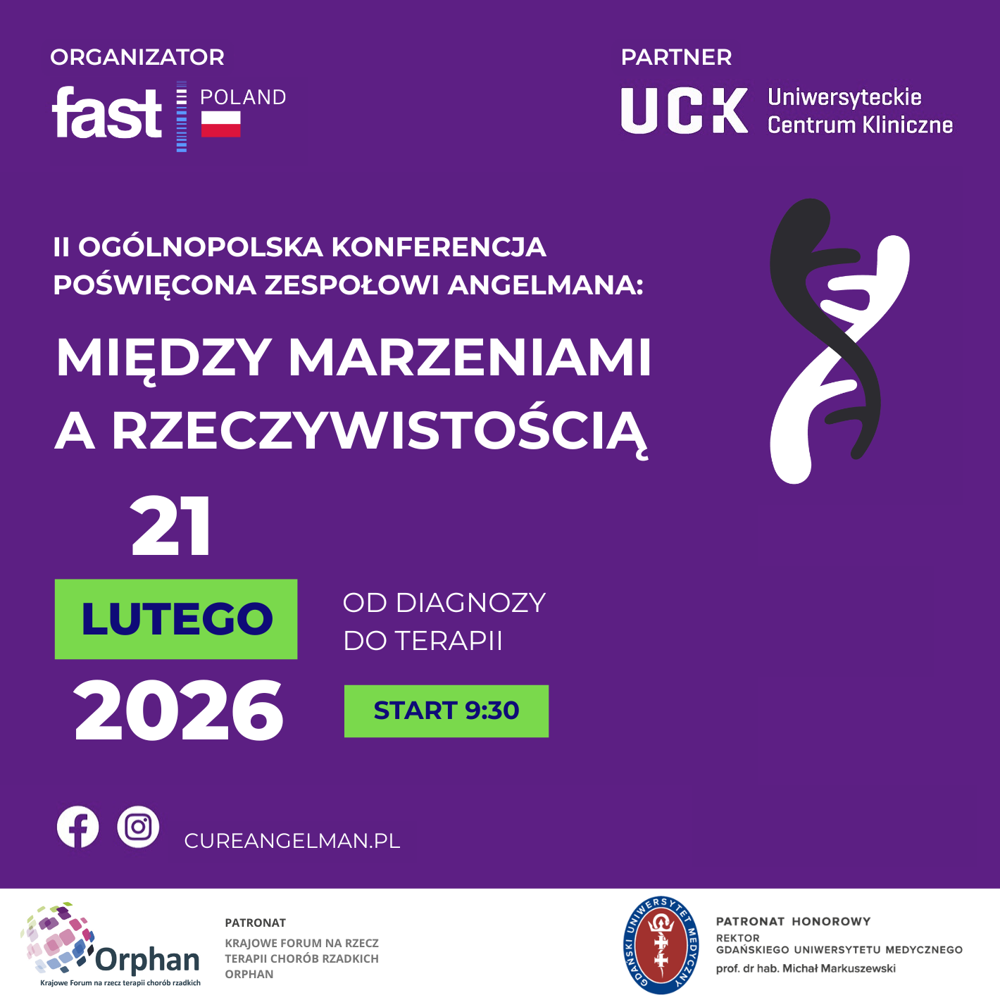 Plakat II Ogólnopolskiej Konferencji o zespole Angelmana „Między marzeniami a rzeczywistością”, 21 lutego 2026