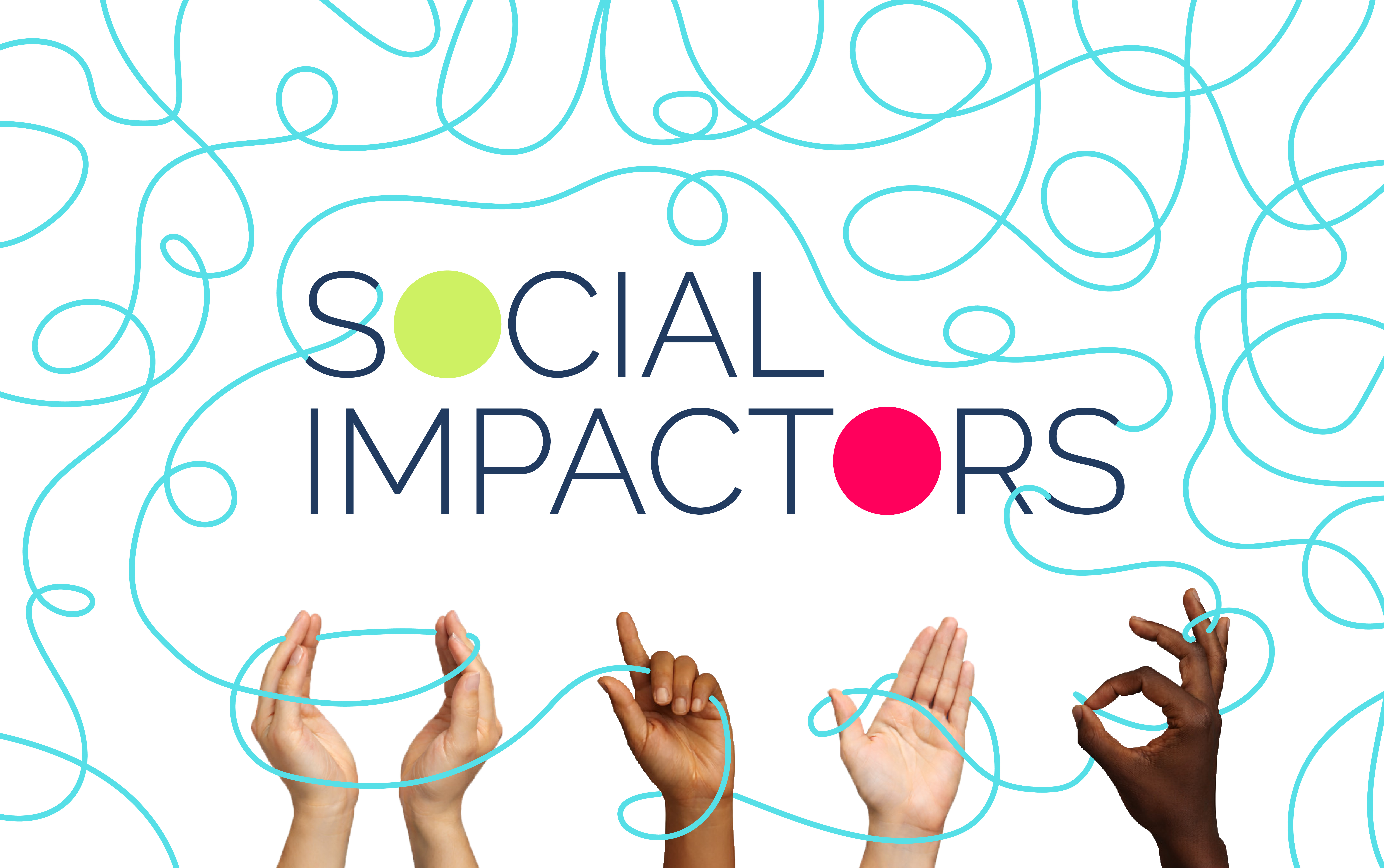 Grafika z napisem „Social Impactors” i ilustracjami dłoni na jasnym tle
