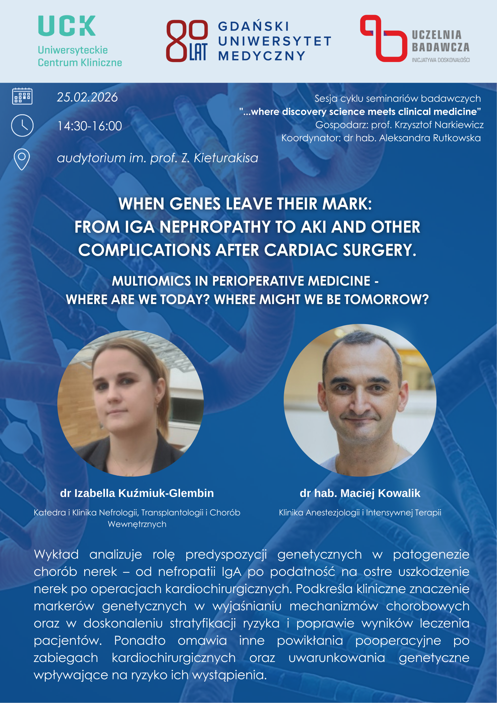 Plakat seminarium „When genes leave their mark” UCK i GUMed, 25 lutego 2026, z dr Izabellą Kuźmiuk-Glembin i dr hab. Maciejem Kowalikiem