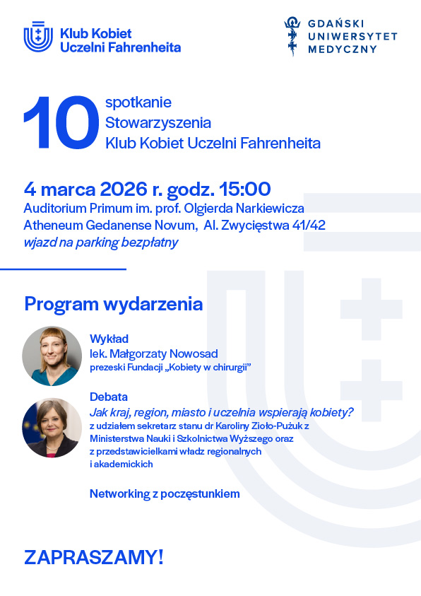 Plakat spotkania Klubu Kobiet Uczelni Fahrenheita, 4 marca 2026 o 15:00 w Auditorium Primum GUMed