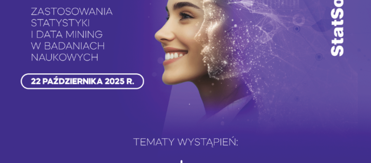 Plakat XXIX Konferencji „Zastosowania Statystyki i Data Mining w Badaniach Naukowych”, 22 października 2025, StatSoft; profil uśmiechniętej kobiety z motywem danych.