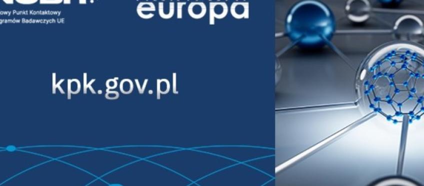 Granatowa grafika NCBR i Horyzont Europa z adresem kpk.gov.pl; po prawej schematyczne cząsteczki i sieć połączeń.